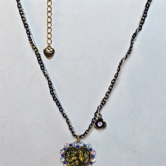 Betsey Johnson Gold and Navy CRYSTAL Heart Necklace with Iridescent Accents - Picture 3 of 12